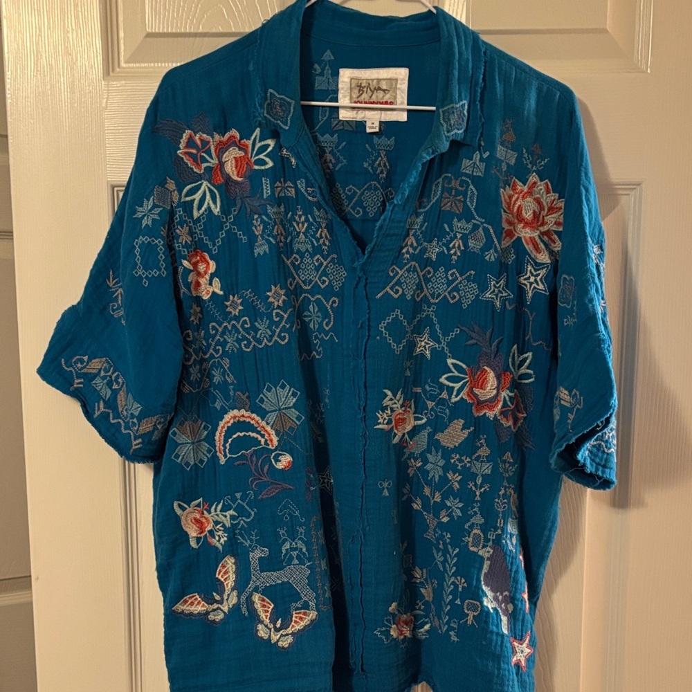 Johnny Was Blue Embroidered Top